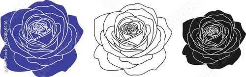 Three roses in different styles: blue, outline, and black.