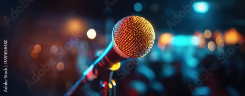 The Microphone at Center Stage Ready for a Live Performance and Audience Spotlight