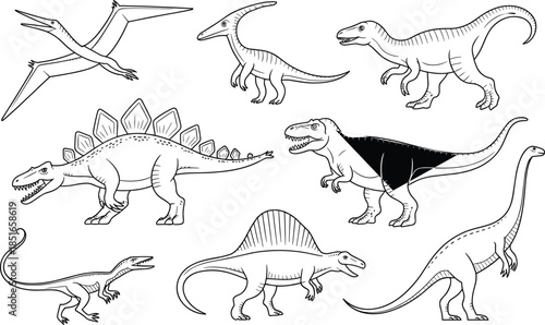 Black and white dinosaur in various poses prehistoric