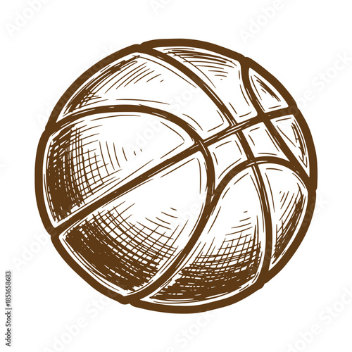 Detailed hand drawn brown sketch of basketball for sports related graphic design