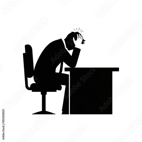 Silhouette of a stressed businessman sitting at a desk with his head in his hand