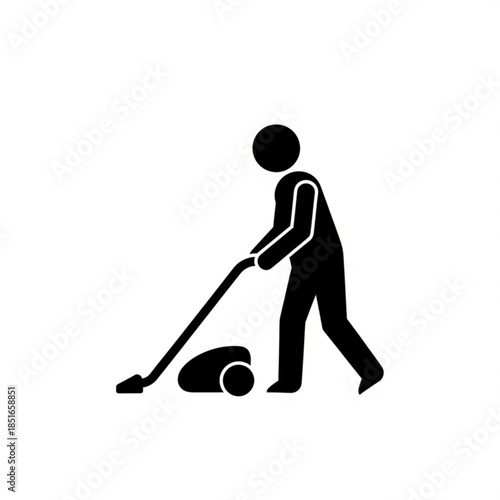 A person vacuuming the floor with a cleaning tool icon