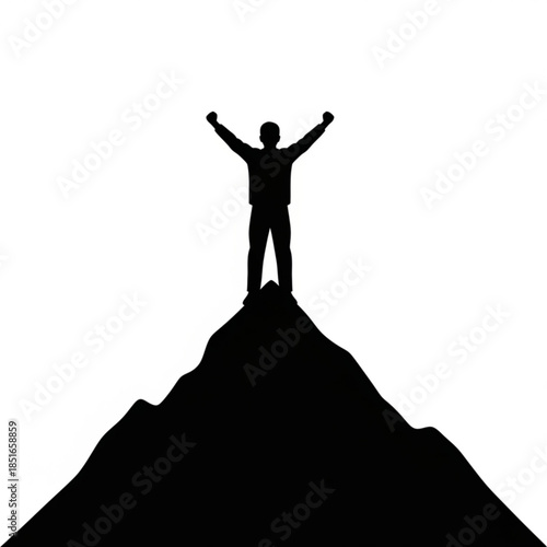 Man standing on mountain peak with arms raised in triumph