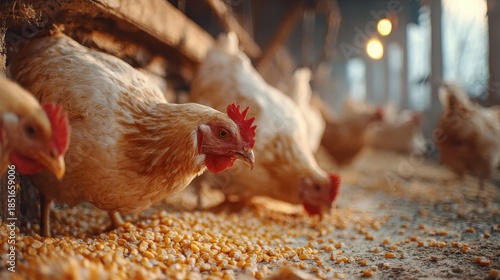 Wallpaper Mural Chickens eating corn in a barn during early morning hours with low light and scattered grains on the ground Torontodigital.ca