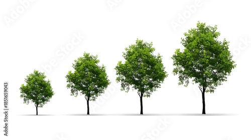 A single green oak tree with lush foliage and a growing trunk stands isolated on a white background, representing nature, life, and environmental growth in a big forest or summer garden