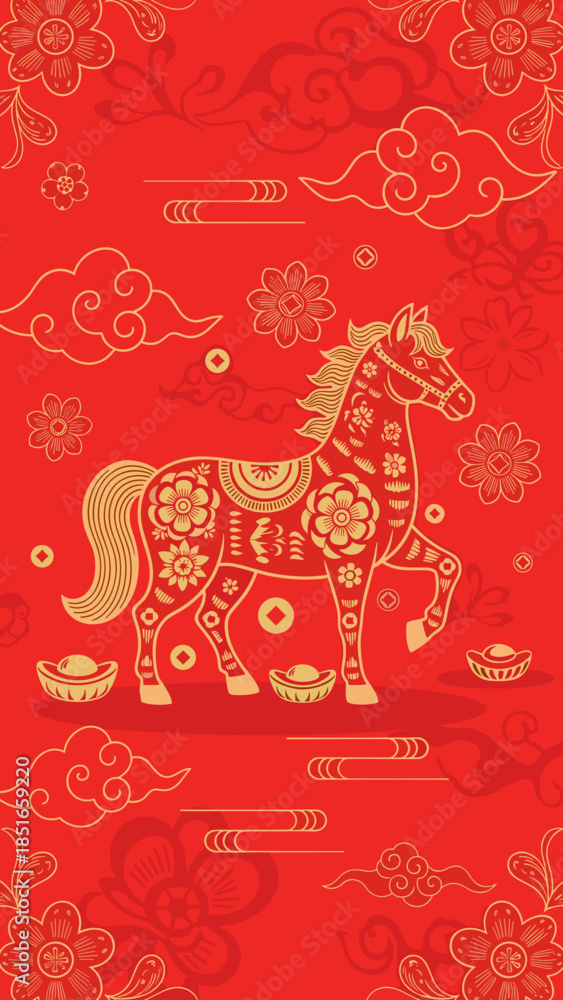 Obraz premium Ornate Golden Horse with Intricate Patterns, Gold Ingots, and Clouds on Red Background