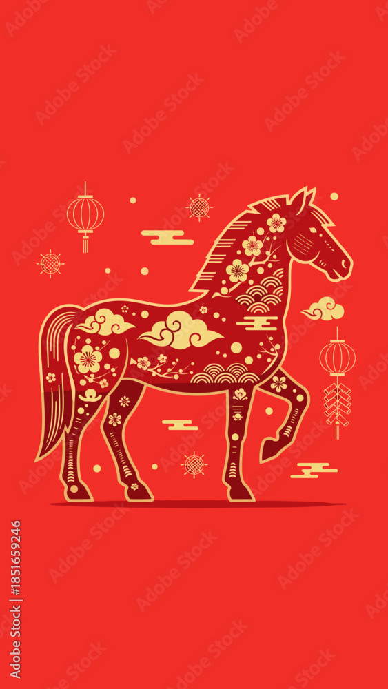 Fototapeta premium Golden Horse Outline with Ornate Patterns, Clouds, and Traditional Symbols on Red