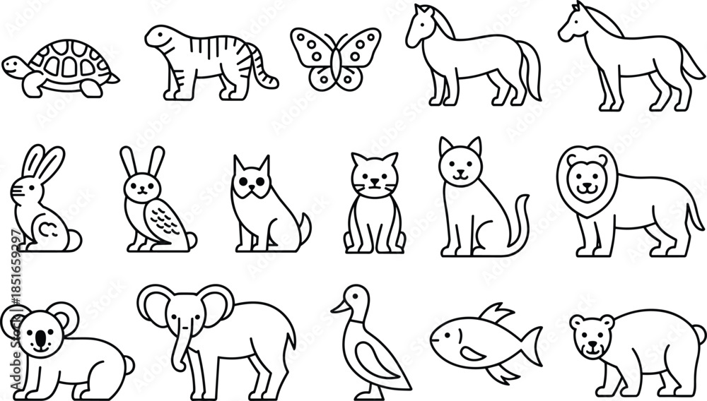 Fototapeta premium Black and white line of various animals line animals