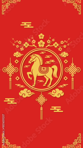 Golden Horse in Circular Frame with Gold Ingots and Plum Blossoms on Red Background