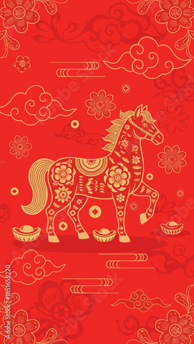 Ornate Golden Horse with Intricate Patterns, Gold Ingots, and Clouds on Red Background