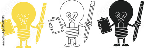 A cartoon lightbulb character holds a clipboard and a pencil.