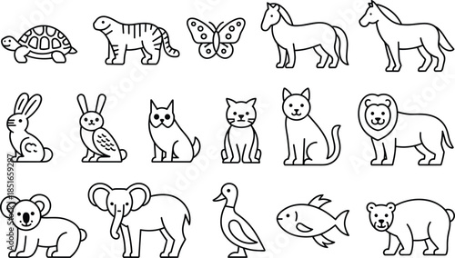 Black and white line of various animals line animals
