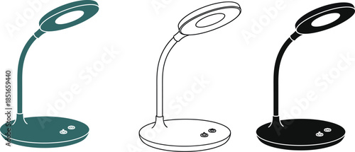 Three modern LED desk lamps are displayed in different styles and colors.