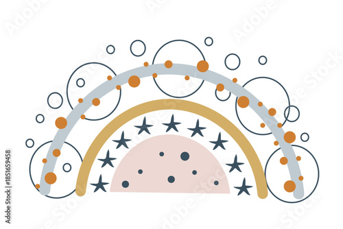 Cute rainbow with stars and dots. Gray, pink, brown and orange. One icon isolated on  white background. Children's theme. Flat cartoon design. Vector.