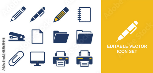 Office stationery and equipment vector icons