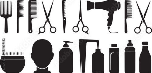 Hairdressing Tools and Salon Equipment Icons for Grooming.