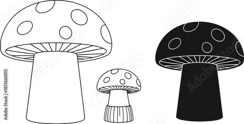 Two stylized mushrooms, one outlined and one solid black, are shown.