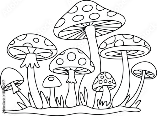 Black and white of various mushrooms in a forest setting