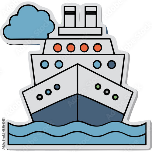 Stylized Cruise Ship Illustration with Cloud and Waves
