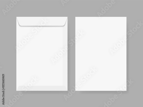 Paper envelope mockup A4. Realistic blank white paper envelopes. Vector paper envelope mockup isolated on a gray background. Template for business and corporate identity.