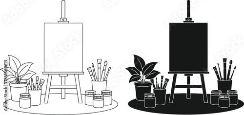 An easel with a blank canvas and art supplies is set up for painting.