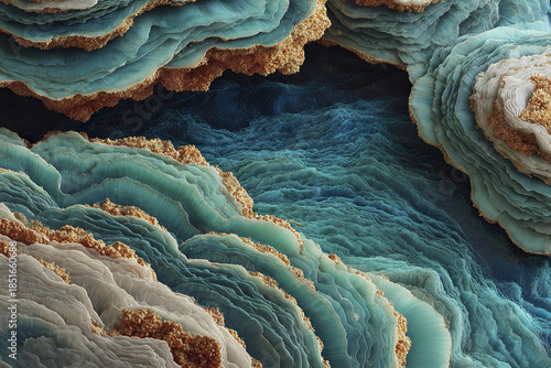 Fototapeta Naklejka Na Ścianę i Meble -  Close up coral reef surface with layered turquoise corals and textured brown edges creating natural underwater landscape full of depth and intricate patterns