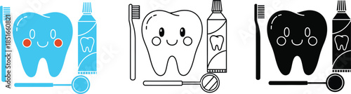 A set of cartoon teeth, toothbrush, toothpaste, and dental mirror.