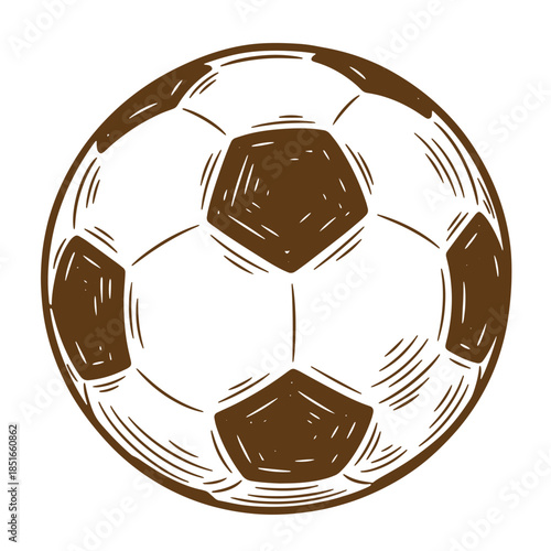Hand drawn brown and white sketch illustration of a classic soccer ball design