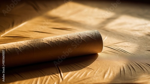A rolled sheet of textured beige paper lies on a golden light-filled surface, casting soft shadows.