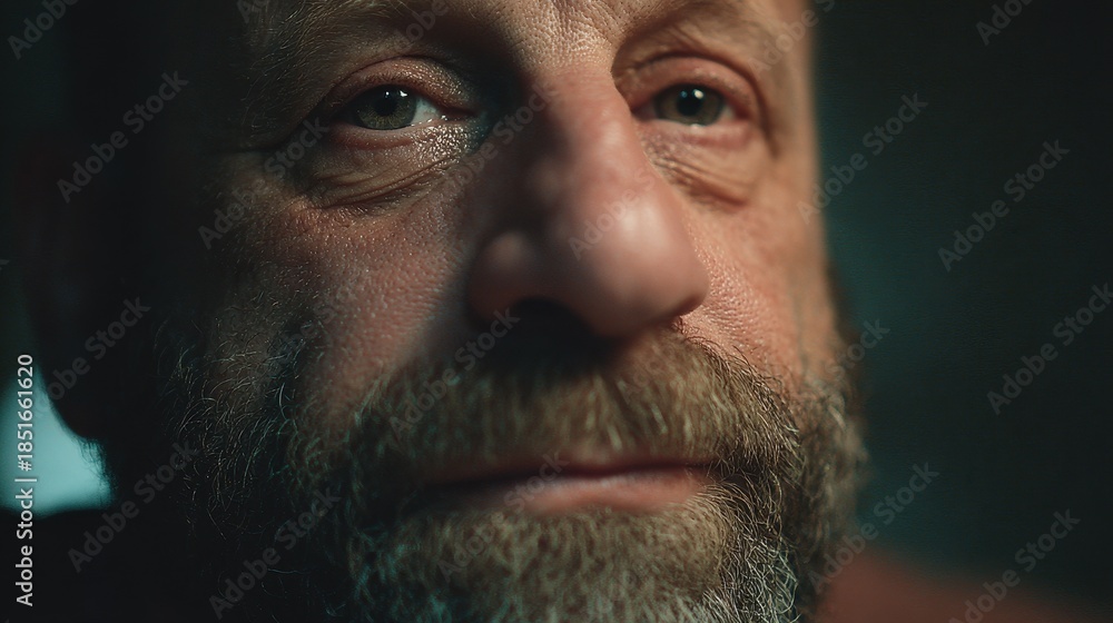 Obraz premium Close-up of a man with a beard looking directly at the camera in a low-light setting during the evening