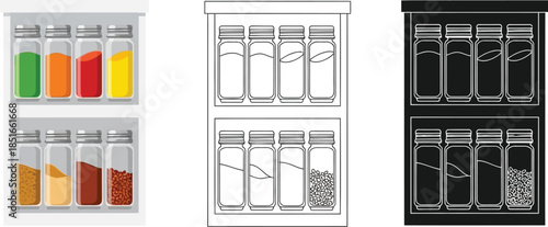 Spice rack with colorful jars and clear containers is displayed.