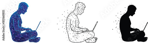 A person sits cross-legged and works on a laptop computer.