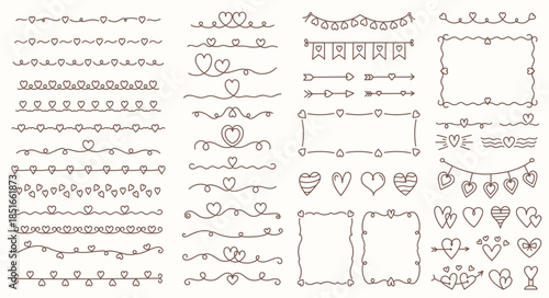 Collection of hand drawn hearts, dividers, borders, frames, and decorative elements for Valentines day design, wedding, invitations, etc
