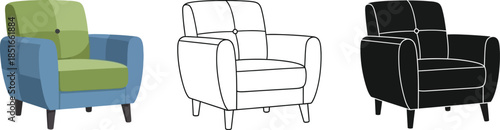 Three views of a modern armchair: a colored illustration, a line drawing, and a silhouette.