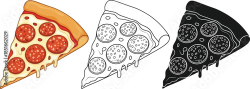 Three slices of pepperoni pizza are shown in different styles.