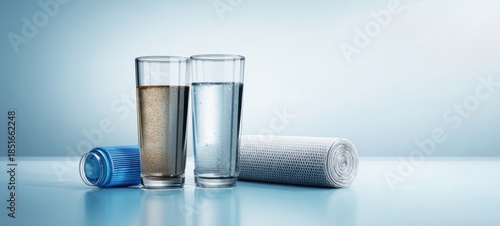 The Glasses Showing Clean and Contaminated Water Beside a Filtration Cartridge