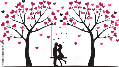 Couple on swing between heart trees, isolated on white background