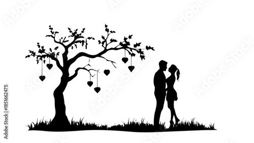 Couple under tree with hearts, isolated on white background