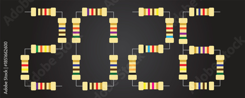New Year 2026 greeting graphic designed with electronic resistors arranged to form the numbers  2026 on a dark background, perfect for engineers, electricians, and electronics enthusiasts