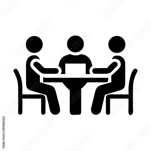 Business team meeting icon showing people sitting around a table, flat vector design with black outline on white background for corporate collaboration