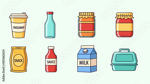Colorful Collection of Everyday Food and Drink Icons in a Flat Cartoon Style