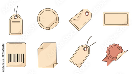 Set of various blank paper tags and labels, including price tags, badges, and stickers, for e-commerce, sales, and retail branding