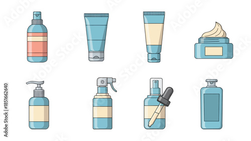 Collection of various cosmetic and skincare product containers, including bottles, tubes, and jars, illustrated on a white background
