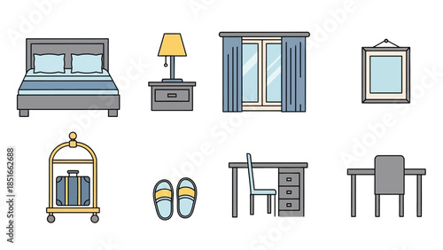Collection of hotel room furniture and amenities icons for interior design and hospitality services