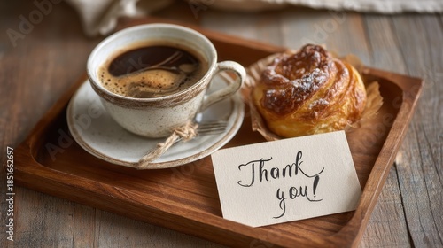 Wallpaper Mural Warm coffee and pastry served on a wooden tray with a thank you note beside it Torontodigital.ca