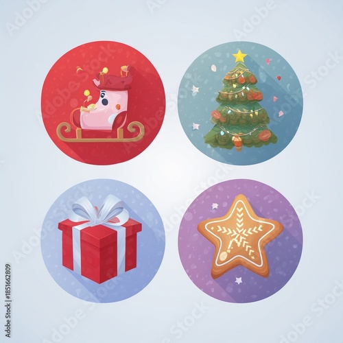 Christmas holiday icon set featuring festive winter elements such as candy cane, snowman, gift box, bell, star, gingerbread, ornaments and decorations.