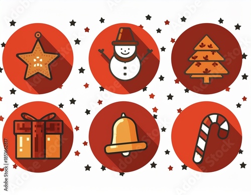 Christmas holiday icon set featuring festive winter elements such as candy cane, snowman, gift box, bell, star, gingerbread, ornaments and decorations.