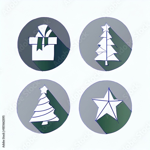 Christmas holiday icon set featuring festive winter elements such as candy cane, snowman, gift box, bell, star, gingerbread, ornaments and decorations.