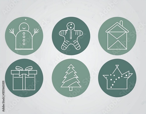 Christmas holiday icon set featuring festive winter elements such as candy cane, snowman, gift box, bell, star, gingerbread, ornaments and decorations.