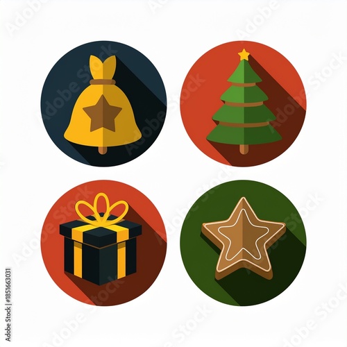 Christmas holiday icon set featuring festive winter elements such as candy cane, snowman, gift box, bell, star, gingerbread, ornaments and decorations.